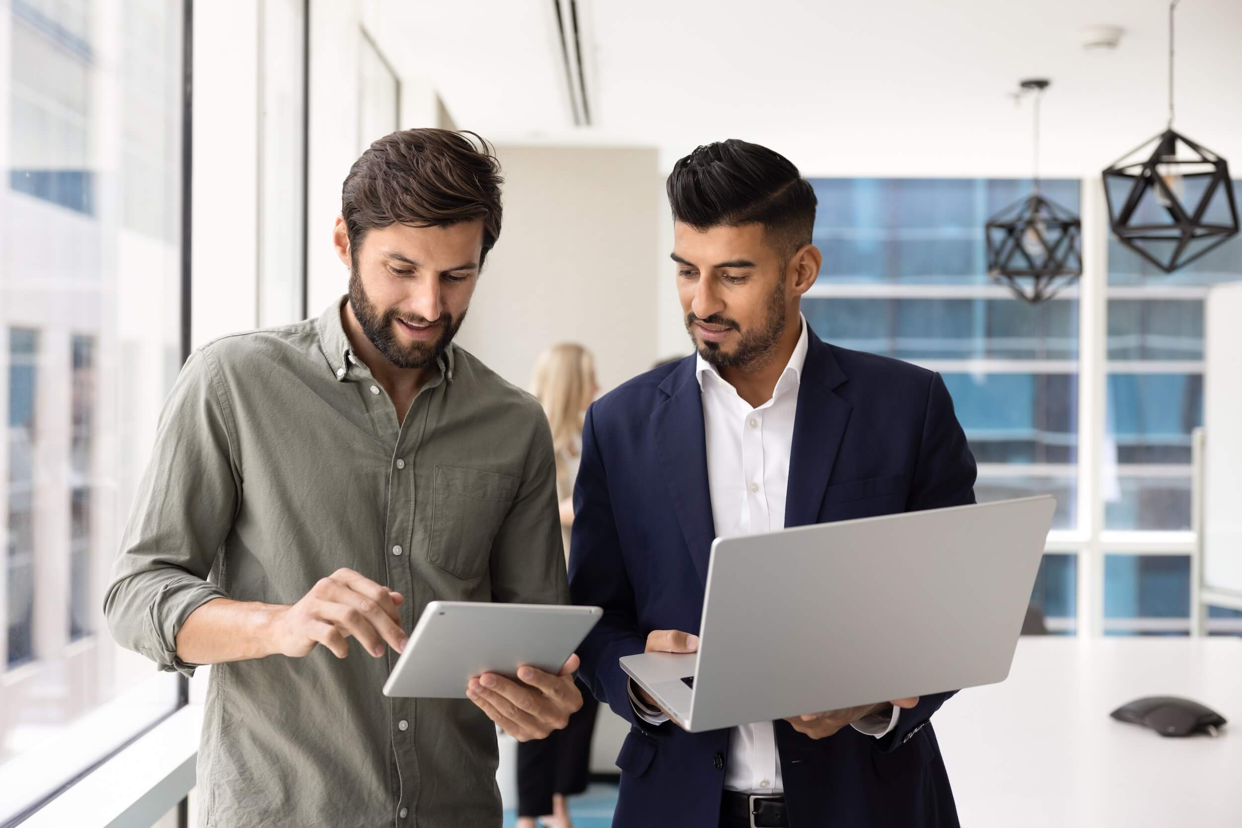 two business people talking about ai